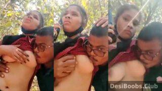 Shy Kannada girlfriend boob sucked outdoors by village BF
