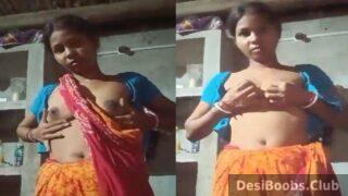 Village maid pressing boobs during vc