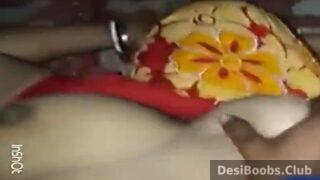 Pressing soft boobs of sleeping village maid